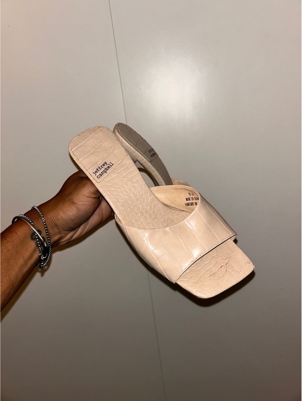 Jeffrey Campbell Beige Croc-Embossed Kitten Heel Slides